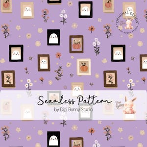 Op de afbeelding: Naadloos patroon op een lavendelkleurige achtergrond met ingelijste illustraties van geesten en pompoenen, samen met bloemaccenten. De tekst "Seamless Pattern" staat in het midden, met daaronder "by Digi Bunny Studio".
