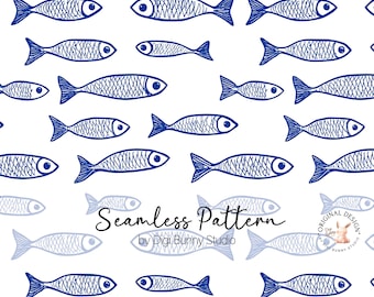 Sardines Seamless Pattern, Vintage Hand-Drawn Fish (PNG)