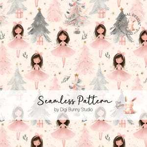 May include: Seamless pattern featuring illustrations of ballerinas in pink dresses, Christmas trees, and gift boxes. The design includes the text "Seamless Pattern" and "by Digi Bunny Studio". The color palette is soft, with pink, gray, and gold accents.