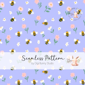 Puede incluir: Un patrón sin costuras con abejas, margaritas y flores rosas sobre un fondo lila. El diseño incluye el texto "Seamless Pattern" y "by Digi Bunny Studio". La imagen tiene un ambiente caprichoso y primaveral.