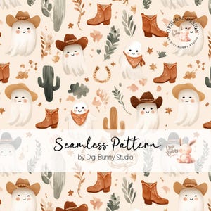 Pode incluir: Padrão sem costura com fantasmas de desenho animado usando chapéus de cowboy e bandanas, botas de cowboy, cactos e ferraduras. O design é em tons de marrom, bege e verde. Texto: "Seamless Pattern" by Digi Bunny Studio.