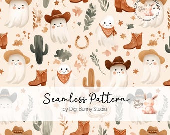 Cowboy Ghost Halloween Seamless Pattern, Boho Autumn PNG