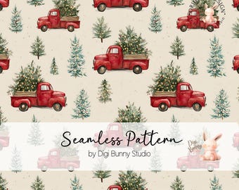 Christmas Truck Seamless Pattern Christmas Trees Red Truck Pattern, Vintage Christmas Seamless Repeat Retro Gift wrapping Design Pattern Png