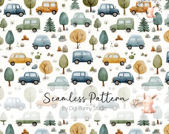 Vehicles Seamless Pattern | Boys Cars & Trees Repeat Fabric Baby Clothes Pattern Digital Paper PNG