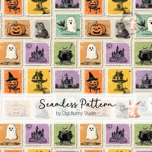 Vintage Halloween-stempels Naadloos patroon Spoken Vleermuizen Pompoenen Halloween Herfst Herfst Retro Herhaling Stofpatroon Spookachtig Postzegels, png