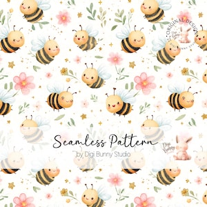 Op de afbeelding: Naadloos patroon met aquarel illustraties van lachende bijen met zwart-gele strepen, roze bloemen en gouden sterren op een witte achtergrond. De tekst "Seamless Pattern" wordt weergegeven, met "by Digi Bunny Studio" eronder.