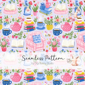 May include: A seamless pattern featuring a cozy reading theme. The design includes pink teapots, blue and white teacups, stacks of books, potted flowers, and a pink armchair with a blue pillow. The words "Seamless Pattern" are displayed.