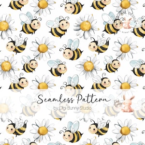 Peut inclure: Un motif sans couture représentant de jolies abeilles de dessin animé et des marguerites blanches avec des centres jaunes. Les abeilles sont jaunes et noires avec des rayures noires et des ailes blanches. Le fond est blanc.