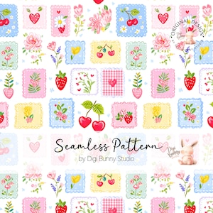 Puede incluir: Patrón sin costuras con cuadrados coloridos de estilo sello postal, con cerezas, fresas, flores y corazones. El texto "Seamless Pattern" se muestra, junto con el nombre del artista.
