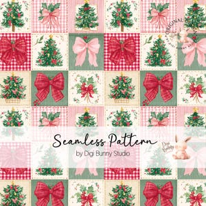 Christmas Coquette Patchwork Seamless Pattern PNG Big Bows Pink Preppy Holiday Fabric Design (Digital Download)