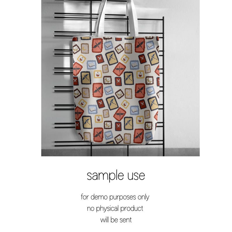 May include: A white tote bag with a repeating pattern of postage stamp designs in red, yellow, blue, and brown. The bag has white handles and the text "sample use" and other text below it.