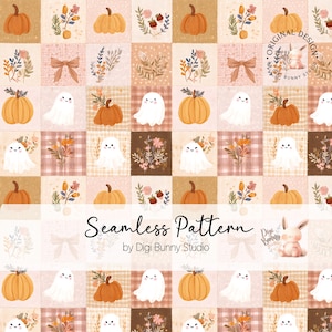 May include: A seamless pattern featuring a grid of squares with illustrations of orange pumpkins, white ghosts, brown bows, and floral sprigs in shades of brown, orange, and pink. The text reads Seamless Pattern by Digi Bunny Studio.