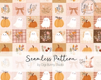 May include: A seamless pattern featuring a grid of squares with illustrations of orange pumpkins, white ghosts, brown bows, and floral sprigs in shades of brown, orange, and pink. The text reads Seamless Pattern by Digi Bunny Studio.