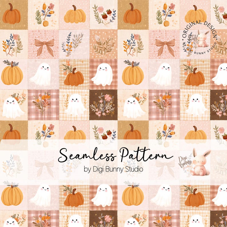 Seamless ghost pumpkin patchwork pattern featuring cute ghosts, pumpkins, florals, and cozy autumn details in a grandmacore farmhouse design. This repeating Halloween pattern is ideal for fabric printing, quilting, home décor, apparel, and digital paper projects. High-resolution PNG with whimsical fall-inspired details perfect for seasonal creations.
