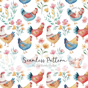 Modèle sans couture lunatique de poulets colorés, fleurs de poulet sans couture de ferme, fleurs de coq, papier numérique d'animaux de ferme, tissu floral Png