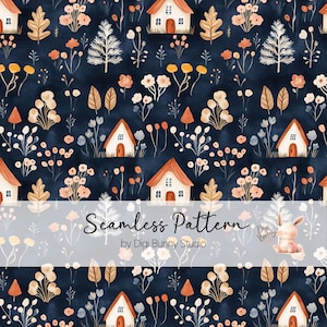 Maison Cottagecore motif sans couture jardin de nuit botanique motif répétitif fleurs sombres maison cottage fleurs surface motif tissu