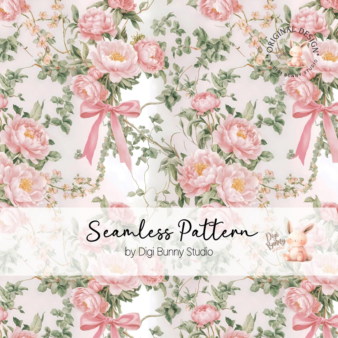 Vintage Floral Coquette Seamless Pattern, Pink Bow Chinoiserie (PNG) - Etsy