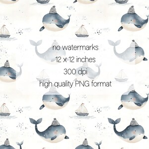 May include: A seamless pattern featuring watercolor illustrations of blue whales wearing sailor hats and small sailboats on a white background with a subtle gray speckled texture.