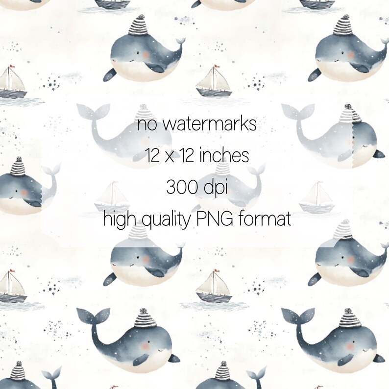 May include: A seamless pattern featuring watercolor illustrations of blue whales wearing sailor hats and small sailboats on a white background with a subtle gray speckled texture.