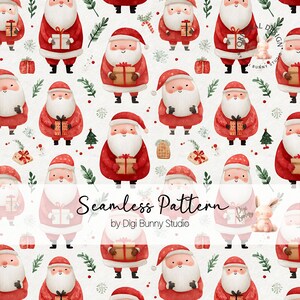 May include: A seamless pattern featuring Santa Claus illustrations in red suits, holding gifts, and surrounded by festive elements. The text "Seamless Pattern" and "by Digi Bunny Studio" are also included.