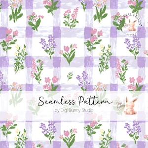 May include: Seamless pattern featuring watercolor flowers in pink, purple, and yellow on a white and lavender plaid background. The text "Seamless Pattern" is displayed, along with the Digi Bunny Studio logo.