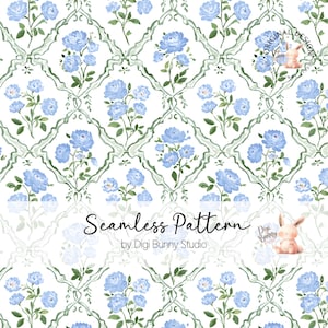 Op de afbeelding: Naadloos patroon met lichtblauwe rozen en groene bladeren op een witte achtergrond. Het ontwerp heeft een roosterachtige structuur met bloemstukken. Tekst: "Seamless Pattern" door Digi Bunny Studio.