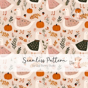May include: A seamless pattern featuring white geese wearing pink or dark green sweaters, interspersed with orange pumpkins, brown acorns, and various autumn foliage on a light beige background. The text reads Seamless Pattern by Digi Bunny Studio.