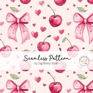 May include: A seamless pattern featuring pink cherries, bows, and hearts on a light pink background. The pattern is perfect for use in a variety of creative projects, such as fabric, wallpaper, and gift wrap.