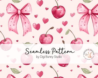 May include: A seamless pattern featuring pink cherries, bows, and hearts on a light pink background. The pattern is perfect for use in a variety of creative projects, such as fabric, wallpaper, and gift wrap.