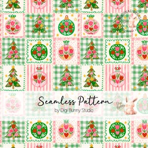 May include: A seamless digital pattern featuring a grid of alternating squares with Christmas trees, floral ornaments, green gingham, and pink stripes. The design includes small yellow stars and text reading Seamless Pattern by Digi Bunny Studio.