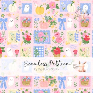 Preppy Summerween Ghost Seamless Pattern PNG Coquette florale tendance rose pastel Halloween Design (téléchargement numérique)
