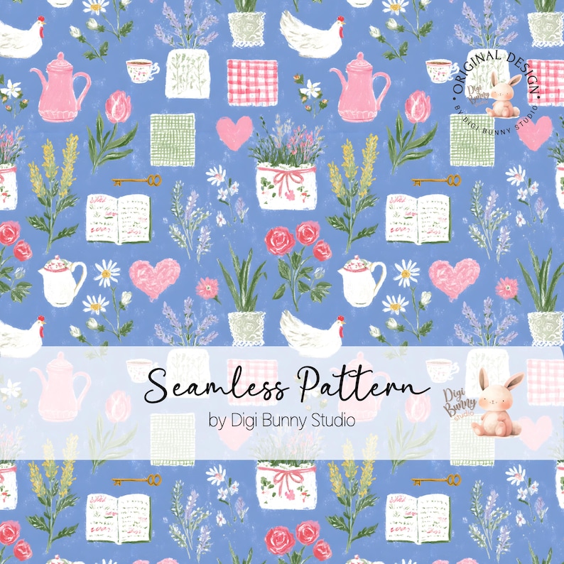 Grandma core spring seamless pattern featuring preppy floral motifs inspired by thrifted vintage fabrics. This cozy cottage-style floral repeat PNG is perfect for quilting, dresses, pajamas, home decor, wallpaper, and scrapbooking. High-resolution seamless pattern designed for fabric printing and print-on-demand projects.