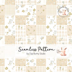 May include: A seamless pattern design featuring a patchwork of squares with floral and plaid patterns in cream, beige, and light green. The text "Seamless Pattern" is displayed in a script font, with a bunny logo.