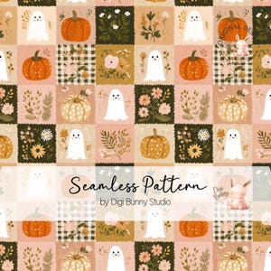 May include: A seamless pattern featuring a grid of squares with illustrations of white ghosts, orange pumpkins, and various floral arrangements in shades of pink, green, and brown. The text Seamless Pattern by Digi Bunny Studio is overlaid.