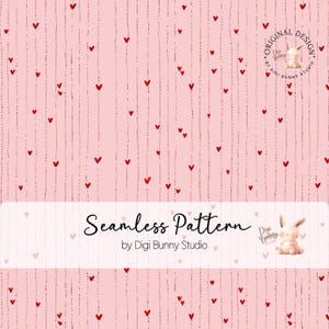 Könnte beinhalten: Nahtloses Musterdesign mit hellrosa Hintergrund, vertikalen gepunkteten Linien und kleinen roten Herzen. Der Text "Seamless Pattern" befindet sich auf einem weißen Banner. Das Digi Bunny Studio-Logo befindet sich oben rechts.