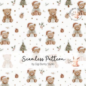 May include: A seamless pattern featuring watercolor illustrations of brown teddy bears wearing red Santa hats and holding gift boxes, interspersed with green Christmas trees, holly sprigs, and small gold stars on a white background.