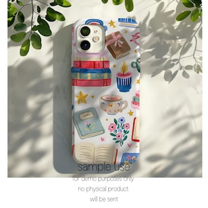 May include: A white phone case with a colorful book-themed design. The case features stacks of books, a teacup, a candle, and a small gift box. The text "sample use" and other text is printed at the bottom.
