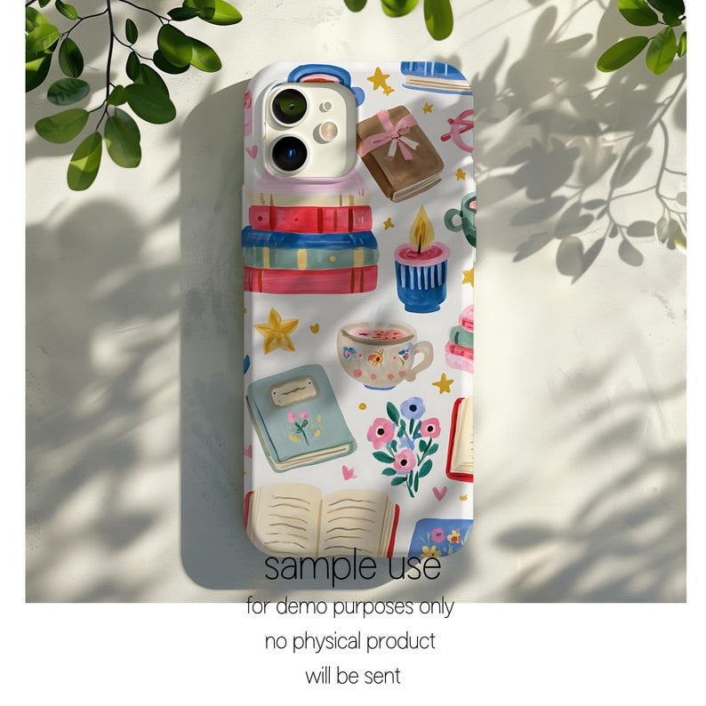 May include: A white phone case with a colorful book-themed design. The case features stacks of books, a teacup, a candle, and a small gift box. The text "sample use" and other text is printed at the bottom.