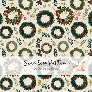 May include: Seamless pattern featuring wreaths with green leaves and red berries on a cream background. The wreaths are surrounded by sprigs and small yellow flowers. The text "Seamless Pattern" is displayed in the center of the image.