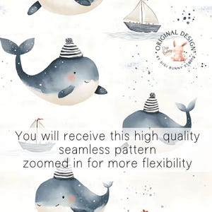 May include: Seamless pattern featuring a watercolor illustration of a whale wearing a striped sailor hat, a sailboat, and a small bunny. The background is white with blue and gray speckles.