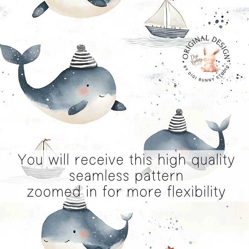 May include: Seamless pattern featuring a watercolor illustration of a whale wearing a striped sailor hat, a sailboat, and a small bunny. The background is white with blue and gray speckles.