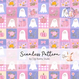 May include: A seamless pattern featuring a grid of squares with illustrations of white ghosts, pink and orange pumpkins, and floral bouquets in shades of pink, purple, and yellow. The text Seamless Pattern by Digi Bunny Studio is visible.