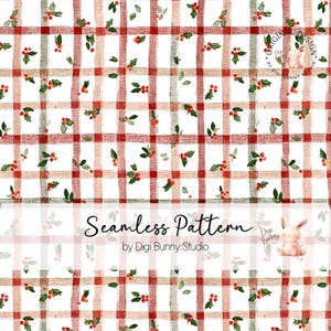 May include: A seamless pattern design featuring a red and white plaid background with scattered holly and berry sprigs. The text "Seamless Pattern" is displayed in a script font, with "by Digi Bunny Studio" below it.
