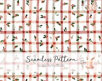 Red and Green Plaid Christmas Fabric: Gingham Holly Pattern (PNG Digital Download)