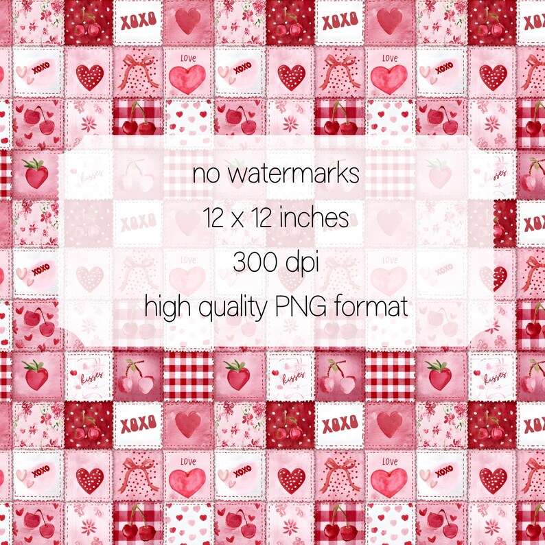 Valentines Patchwork Seamless Pattern PNG | Red Pink Hearts Coquette Digital Paper | Cute Fabric Repeat Pattern PNG image 5