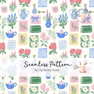 May include: A seamless pattern with a repeating design of flowers, teapots, vases, and keys in pastel colours. The design includes roses, lavender, and daisies. The text "Seamless Pattern" is displayed in the centre, with "by Digi Bunny Studio" below.