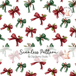 Christmas Coquette Holiday Bows Seamless Pattern, Red & Green Xmas Bows Digital Paper, Festive Seamless Gift Wrap PNG