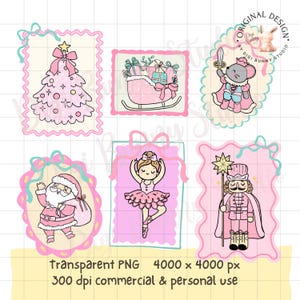 May include: A digital illustration set featuring six Christmas-themed stickers in pink and pastel tones. Designs include a decorated tree, a gift-filled sleigh, a mouse knight, Santa Claus, a ballerina, and a nutcracker, all with scalloped borders.