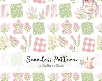 Pink Floral Patchwork Seamless Pattern: Preppy Botanical Design (PNG)
