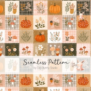 May include: A seamless pattern featuring a grid of squares with illustrations of orange pumpkins, various mushrooms, wildflowers, and small rabbits. The background consists of soft pink, brown, and grey plaid or solid textures. Text reads Seamless Pattern by Digi Bunny Studio.